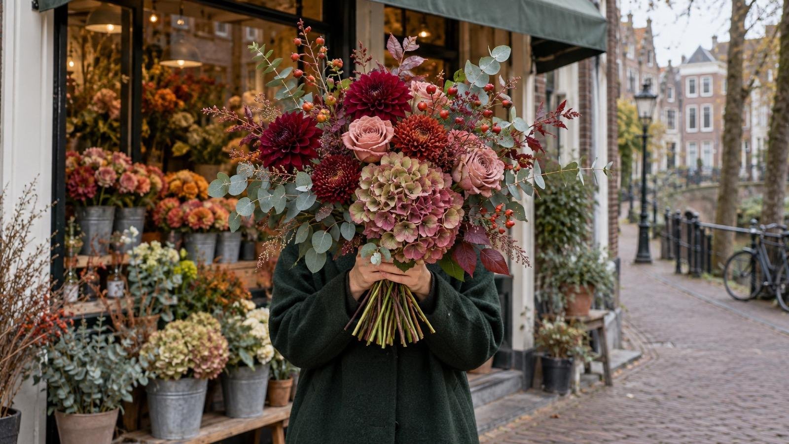 Iemand houdt een groot herfstboeket voor de bloemenwinkel in een Utrechtse straat