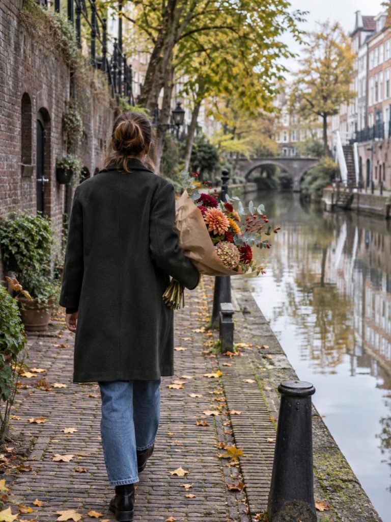 Iemand loopt langs de gracht met een boeket in bruin papier onder de arm
