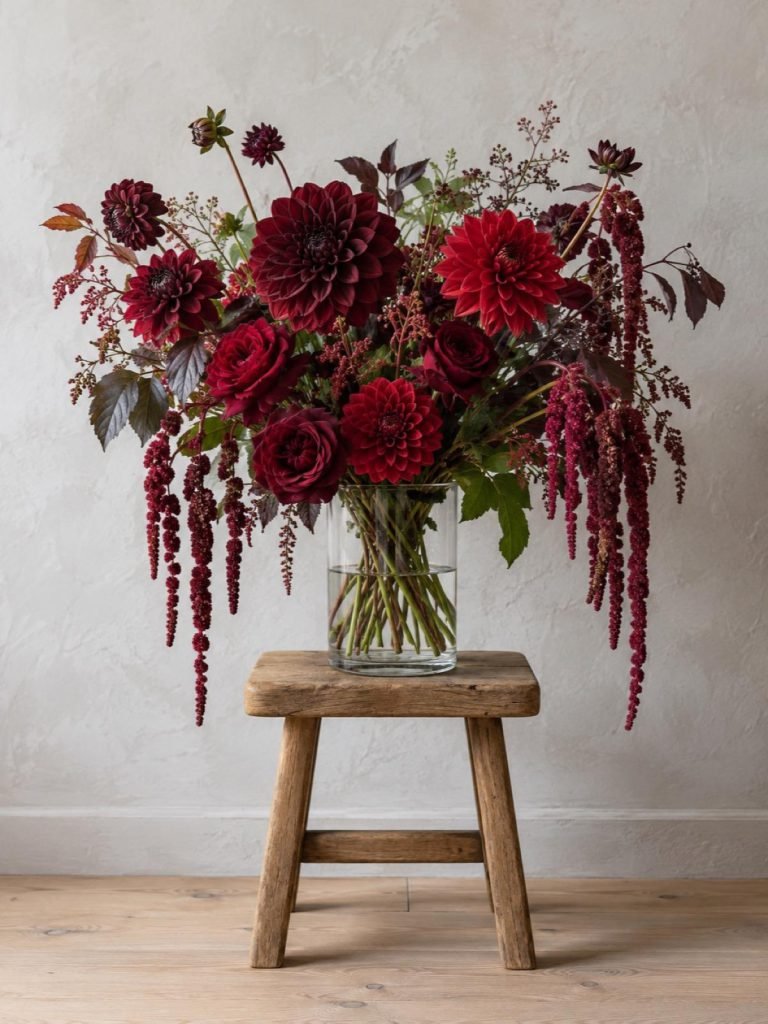 Boeket Bordeaux: dahlia’s, donkerrode rozen en amaranthus in een glazen vaas op een krukje