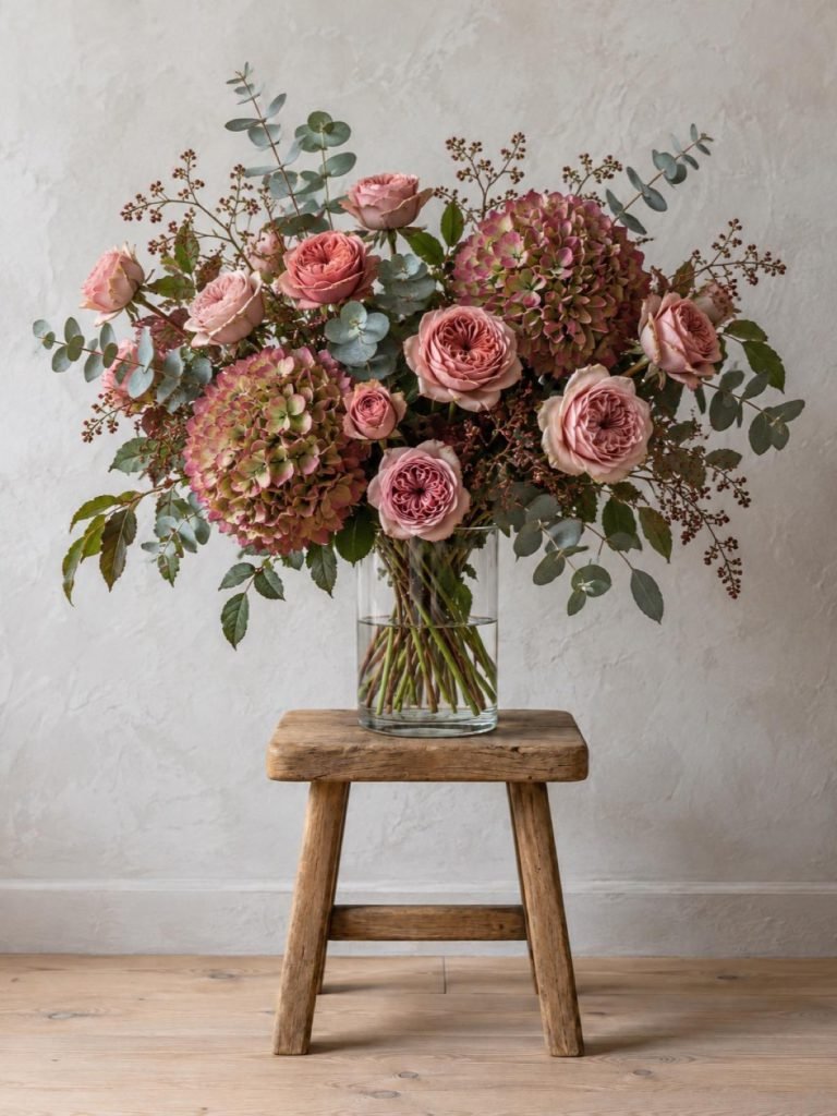 Boeket Oudroze: tuinrozen, hortensia en eucalyptus op een krukje