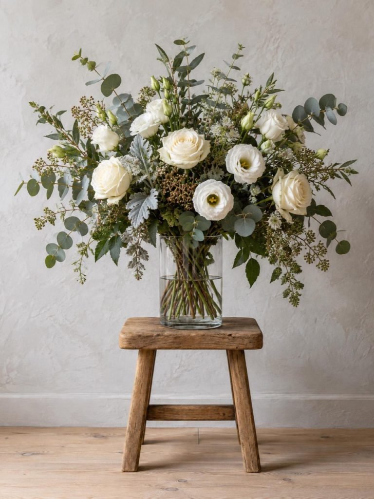 Boeket Wit en groen: witte rozen, lisianthus en eucalyptus op een krukje