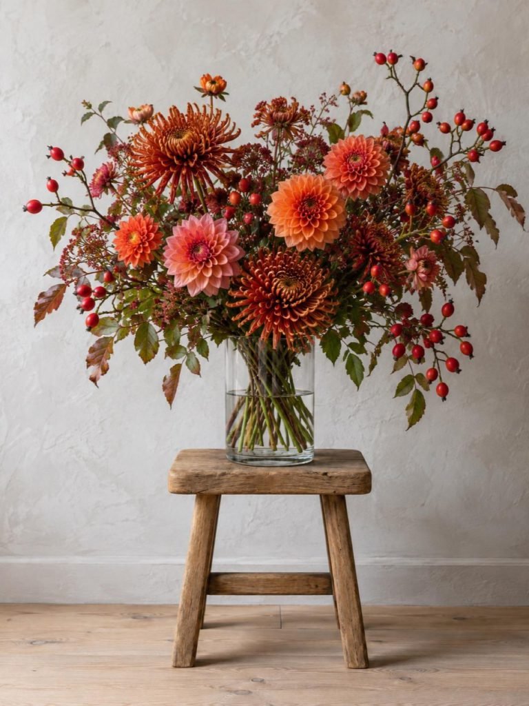 Boeket Koper: chrysanten, oranje dahlia’s en rozenbottels op een krukje