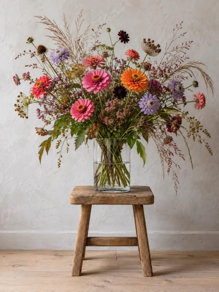 Boeket Veld: zinnia’s, scabiosa en pluimgras op een krukje
