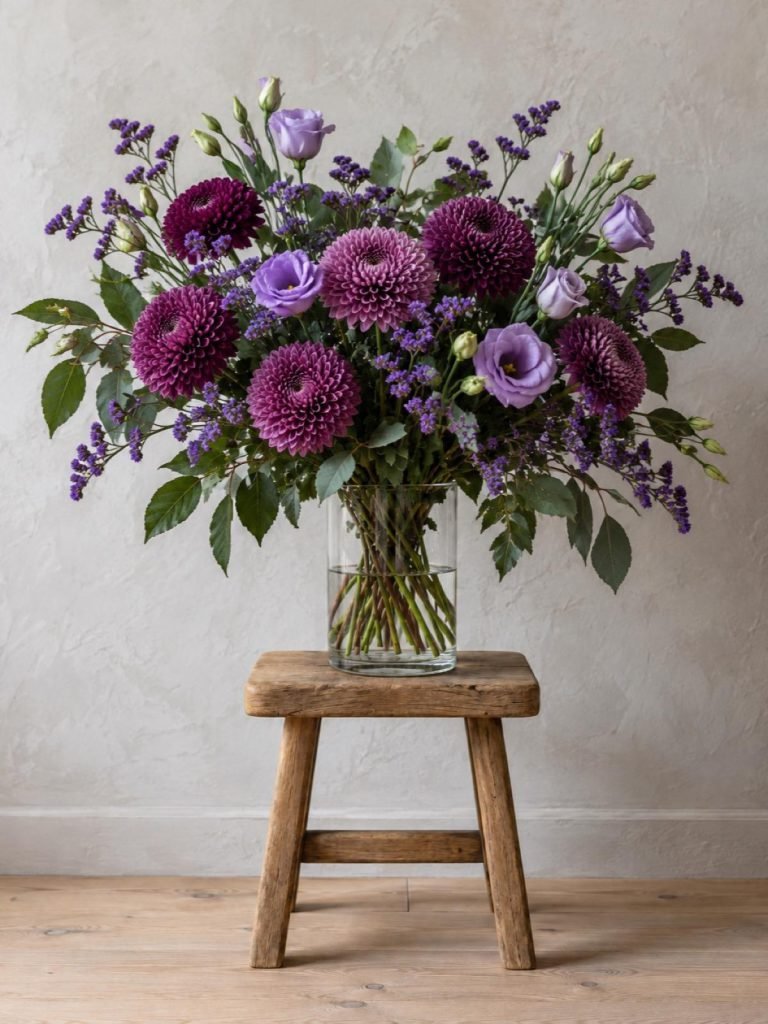 Boeket Paars: chrysanten, lisianthus en statice op een krukje