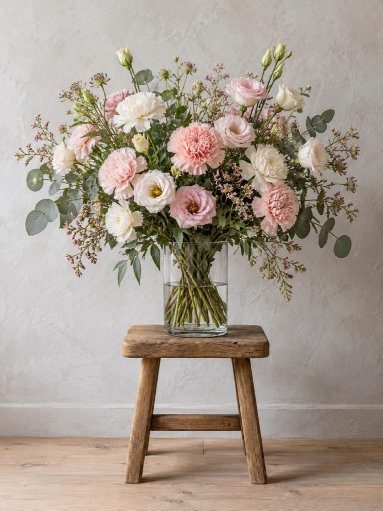 Boeket Pastel: anjers en lisianthus in roomwit en zachtroze op een krukje