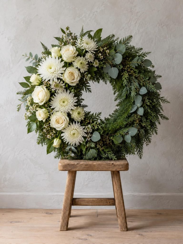 Rouwkrans van groen met witte rozen en chrysanten