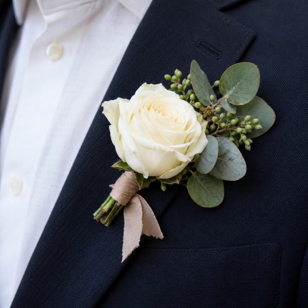 Corsage met een roos en eucalyptus