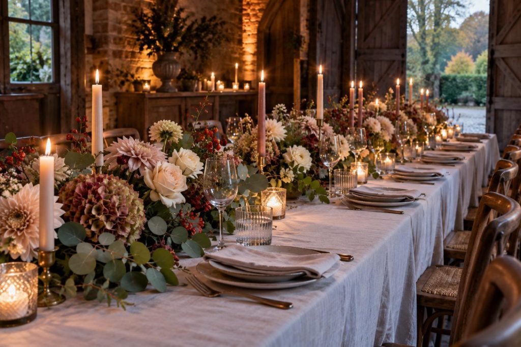 Tafelstukken voor een lange tafel, laag genoeg om elkaar te blijven zien