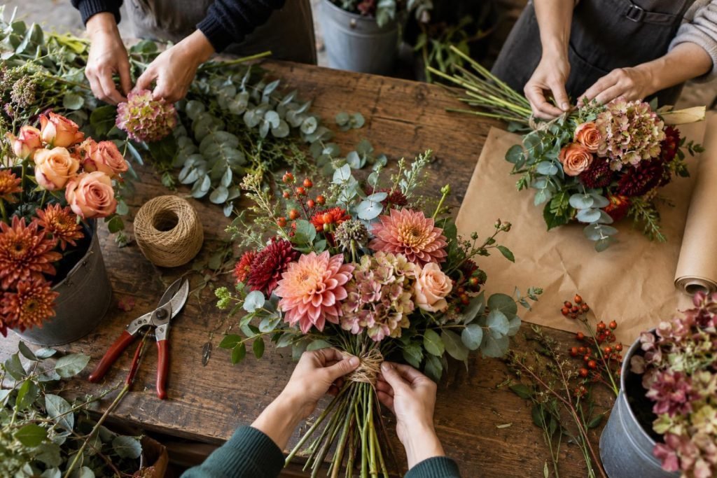 Handen binden boeketten aan een houten werktafel tijdens een workshop