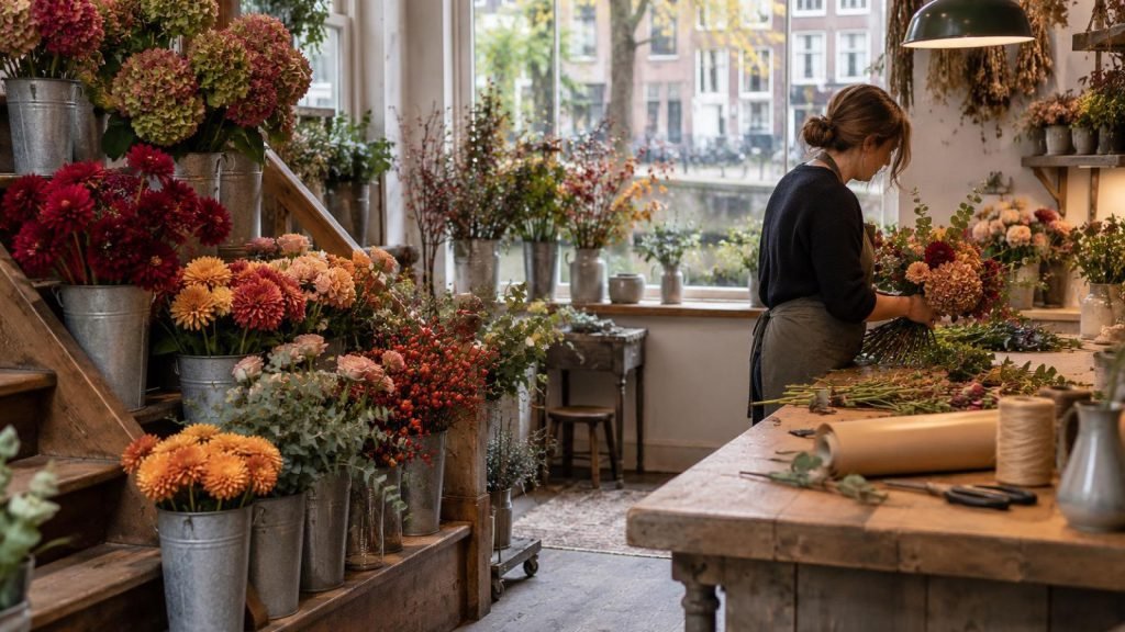 Interieur van de bloemenwinkel met emmers bloemen en een werkbank