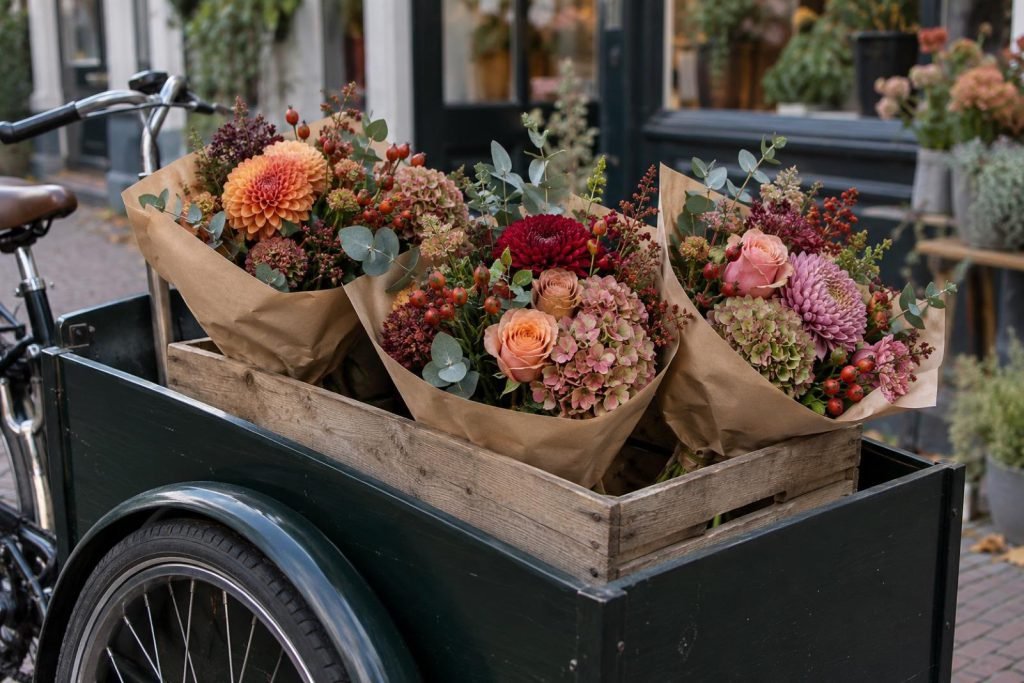 Bakfiets met drie boeketten in papier voor de winkel