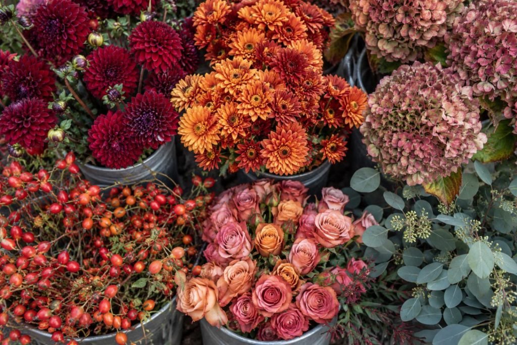 Emmers met dahlia’s, chrysanten, hortensia’s en rozenbottels van bovenaf